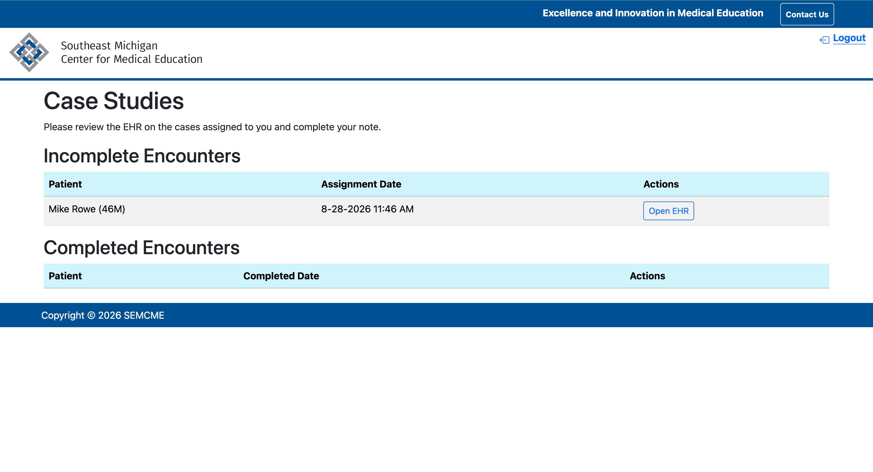 Open an assigned encounter. Learners begin with an assigned simulated patient encounter from the case studies page.